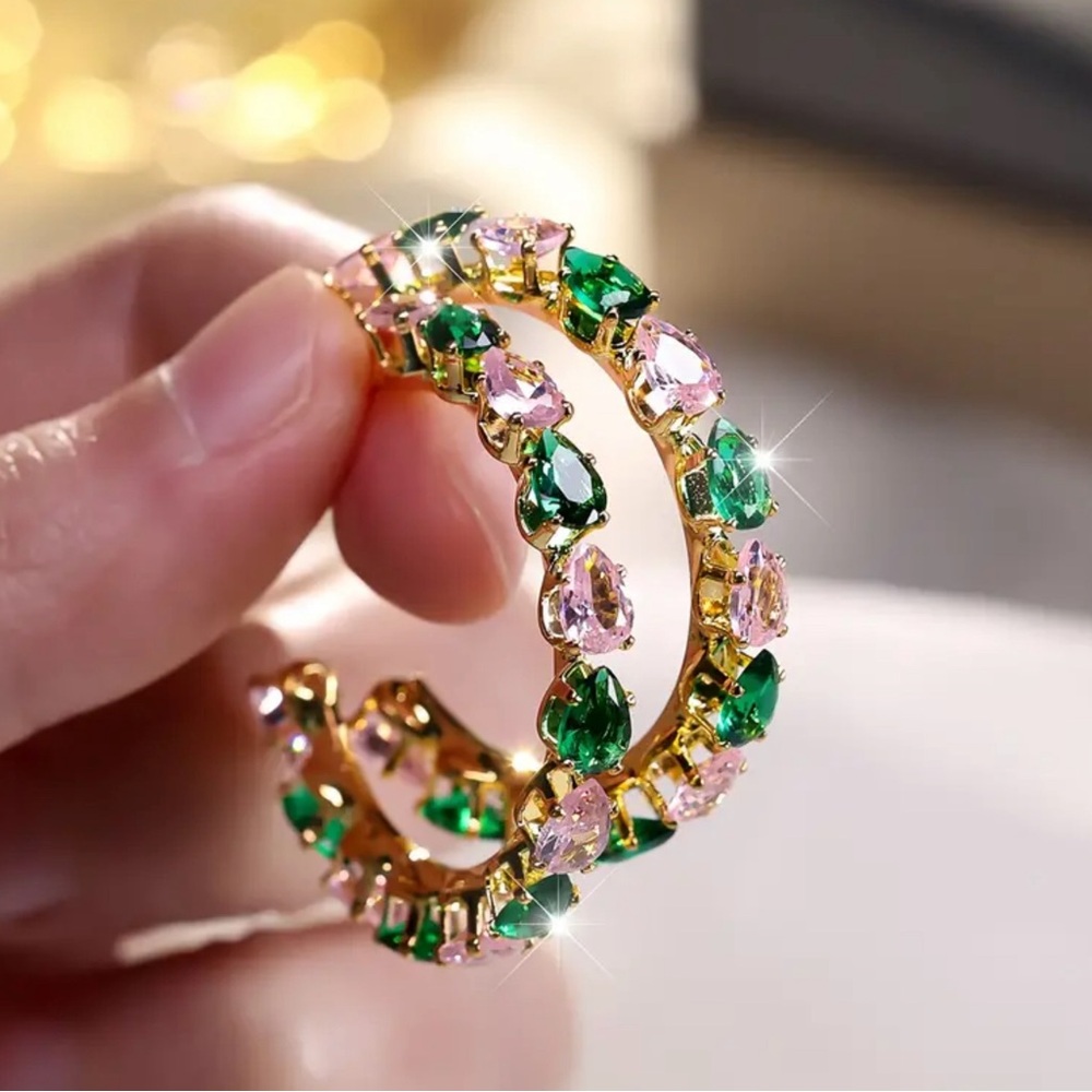 Stunning C-shaped Pink/Green Zircon Earrings